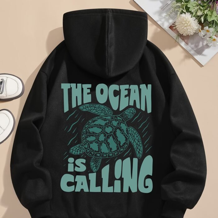 Turtle Print Hoodie Drawstring Sweatshirt Suitable For Women In Winter And Autumn - Image 2