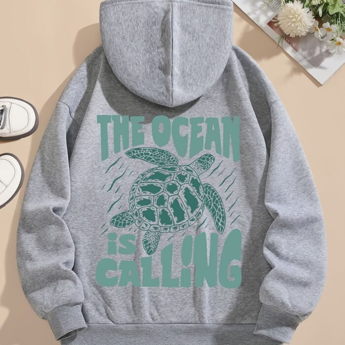 Turtle Print Hoodie Drawstring Sweatshirt Suitable For Women In Winter And Autumn - Image 4