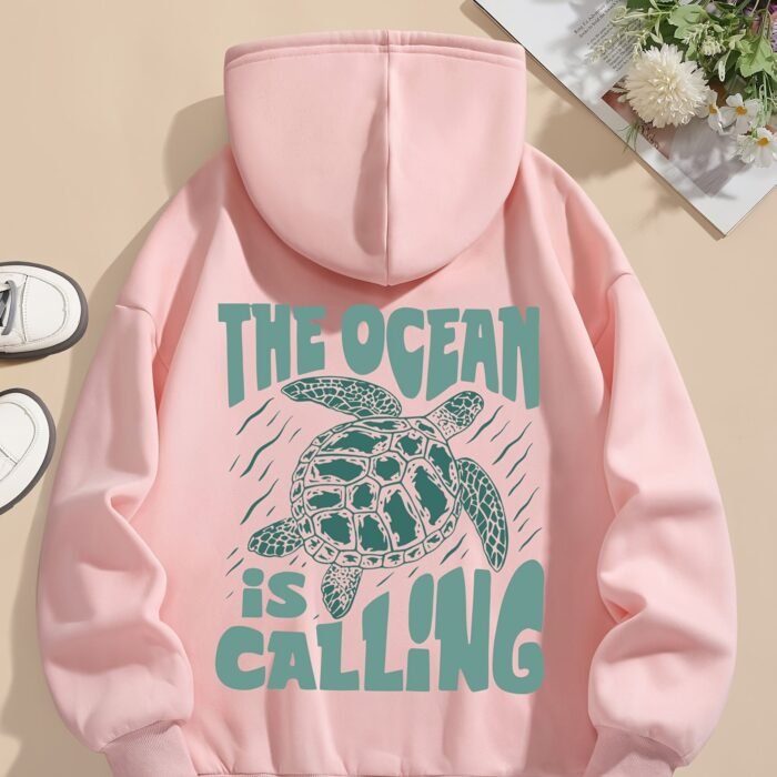 Turtle Print Hoodie Drawstring Sweatshirt Suitable For Women In Winter And Autumn - Image 3