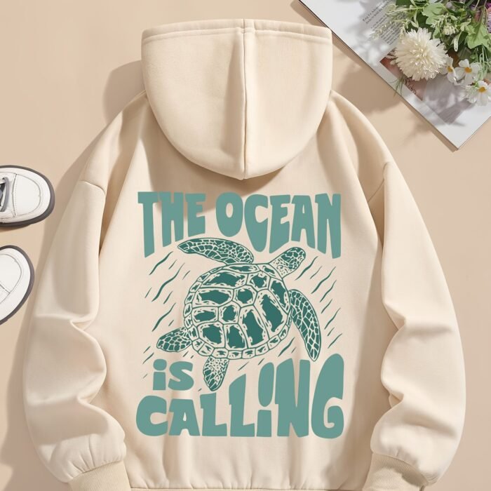 Turtle Print Hoodie Drawstring Sweatshirt Suitable For Women In Winter And Autumn - Image 5